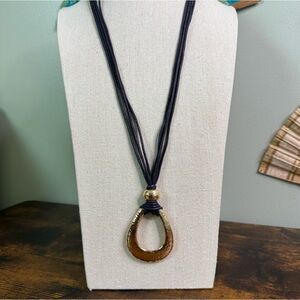 KR Black Cord Necklace Hammered Gold Tone Teardrop Pendant